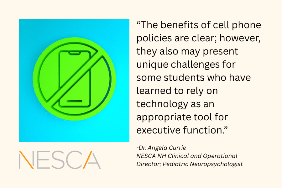 Image of a cell phone with a banned symbol over it; quote from Angela Currie, Ph.D.