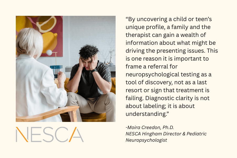 Image of a teen male feeling frustrated with a therapist and a quote from Dr. Moira Creedon