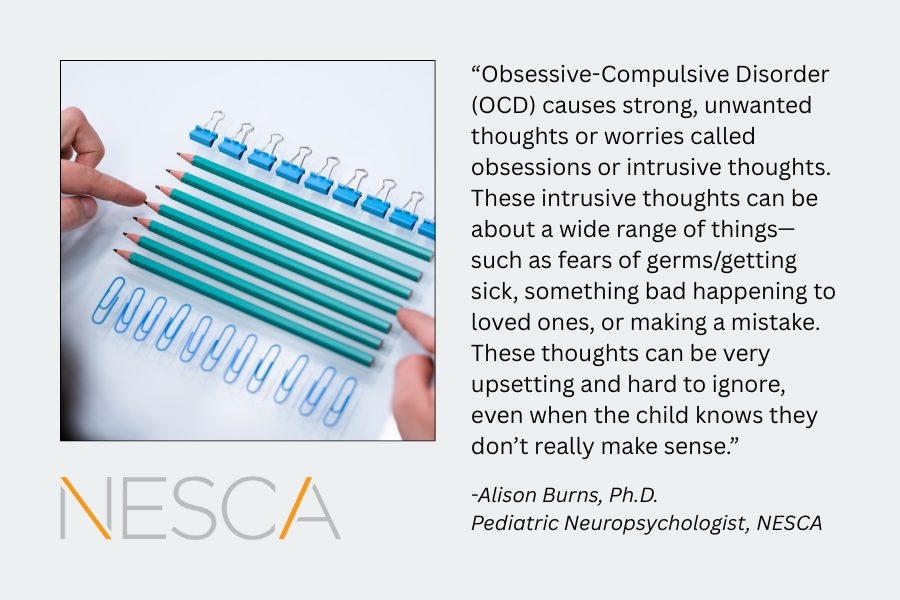 Image of pencils lined up perfectly, as a sign of OCD, along with a quote from Dr. Alison Burns