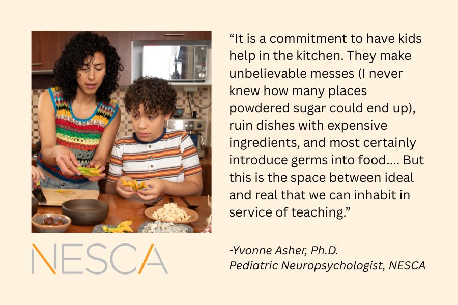 Image of kids helping to cook in the kitchen and a quote from Dr. Yvonne Asher