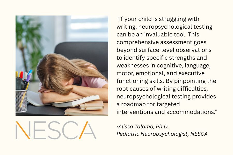 Image of a student struggling to write and a quote from Alissa Talamo, Ph.D.