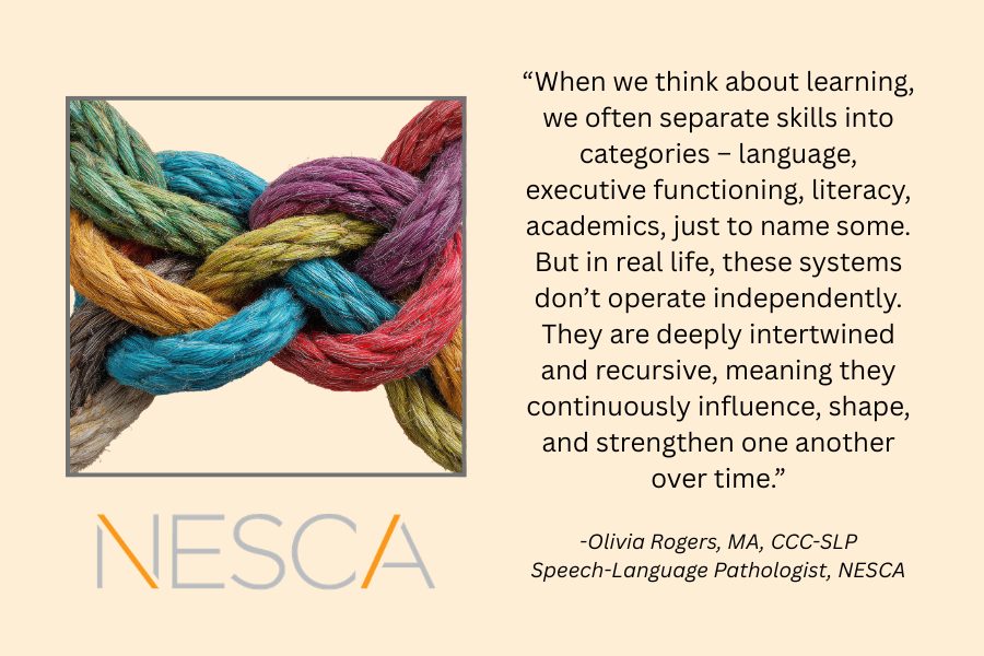 image of yarns intertwined representing EF and language skills being intertwined and a quote from Olivia Rogers, SLP at NESCA