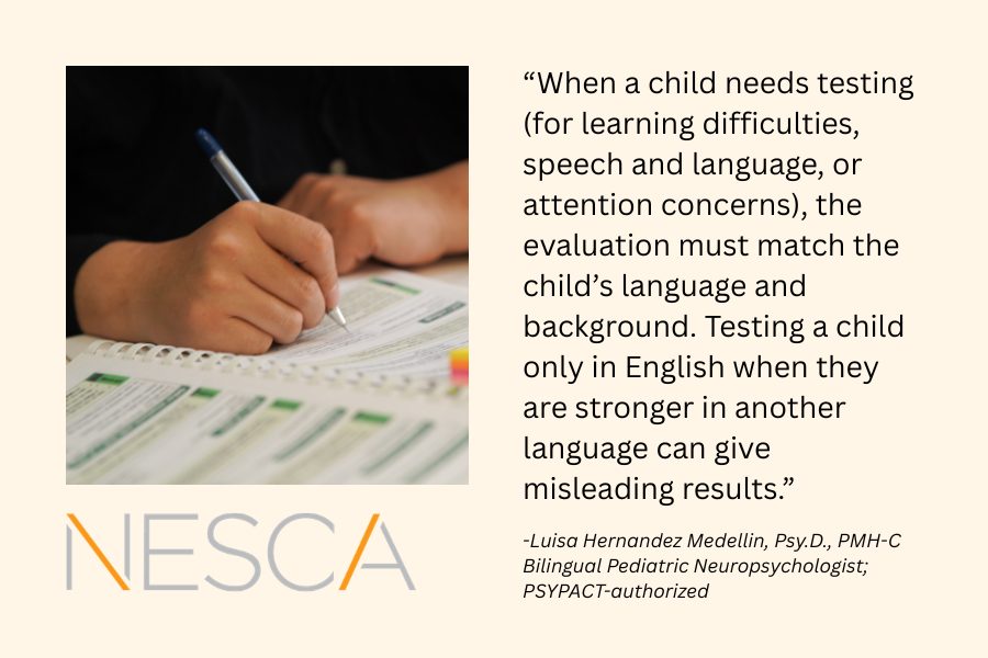 Image of a student taking a test and quote from Dr. Hernandez Medellin