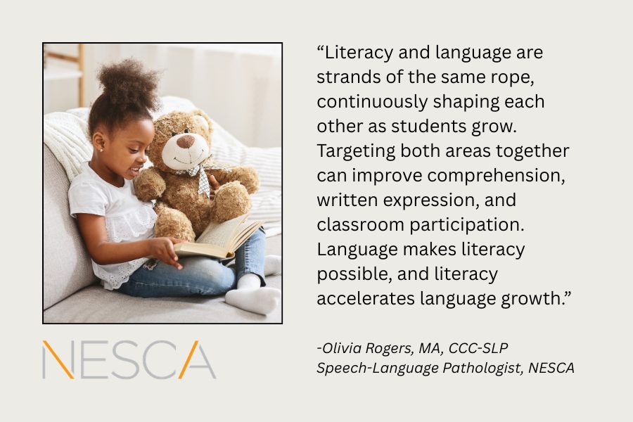 Image of a child reading, quote by Olivia Rogers, SLP