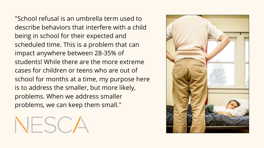 Image of a parent trying to wake his child and get them to school accompanied by a quote from a NESCA clinician
