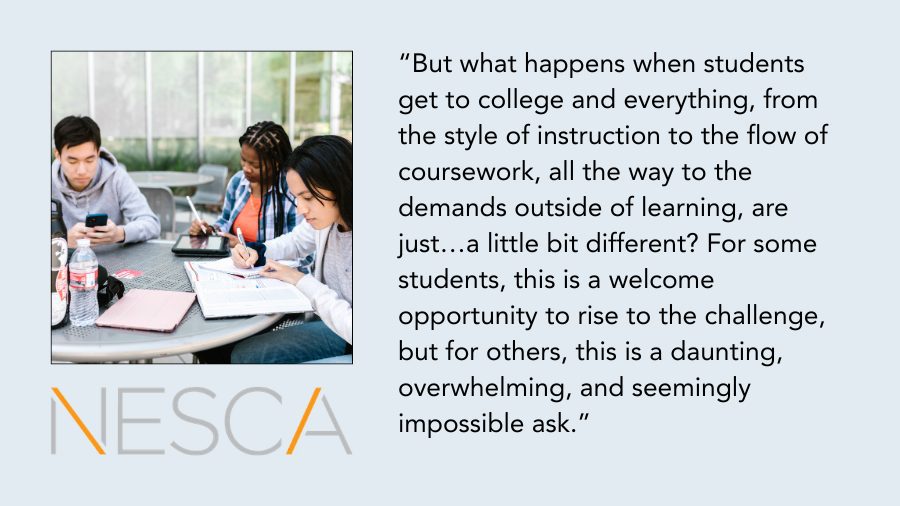 Image showing college students studying together and a quote by a NESCA OT and Executive Function Coach